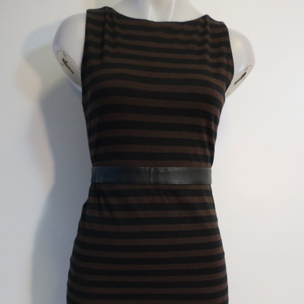 Womens Alice + Olivia Black Brown Striped Stretch Leather Waistband Mini Dress 6 - Picture 3 of 11
